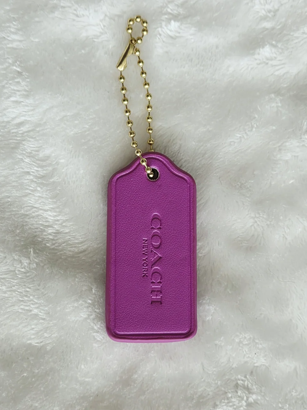 C Logo Fuchsia Leather Tag Keychain with Gold Ball Chain Bag Tag Purse Tag